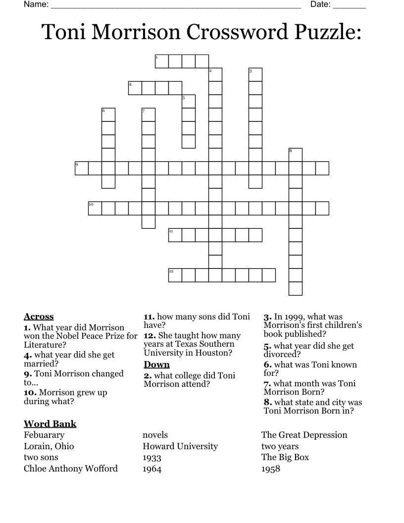 Toni Morrison Crossword Puzzle: