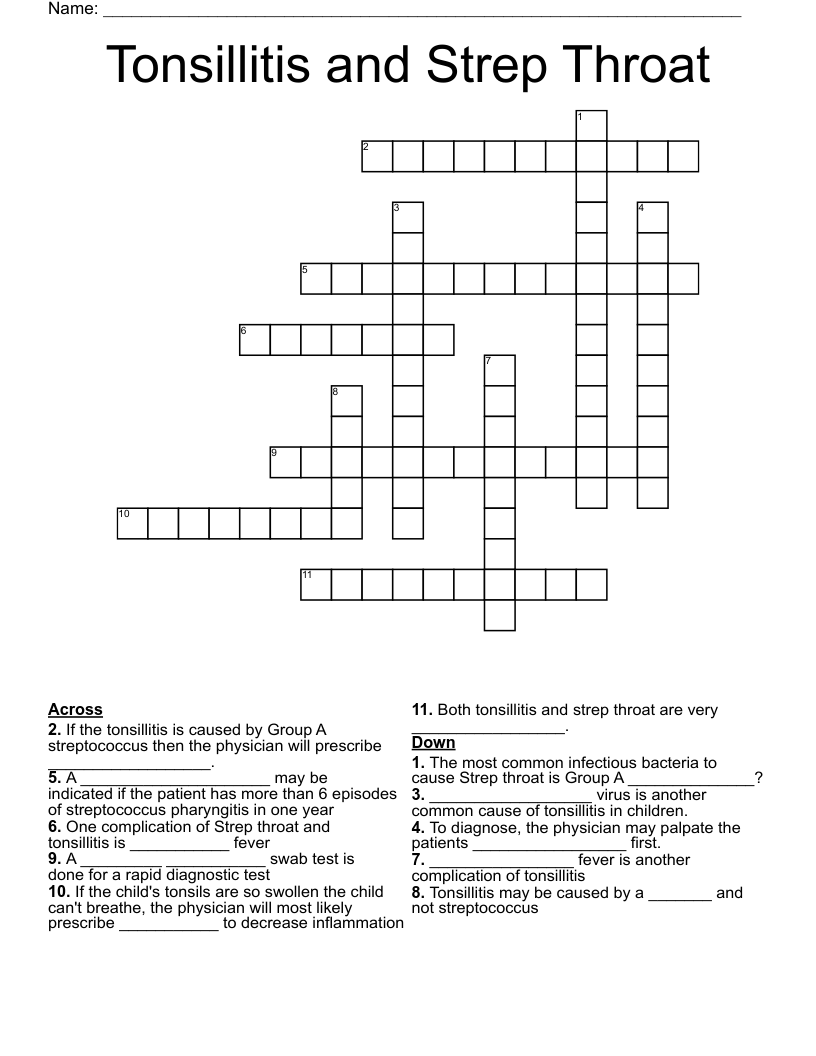 Tonsillitis and Strep Throat Crossword