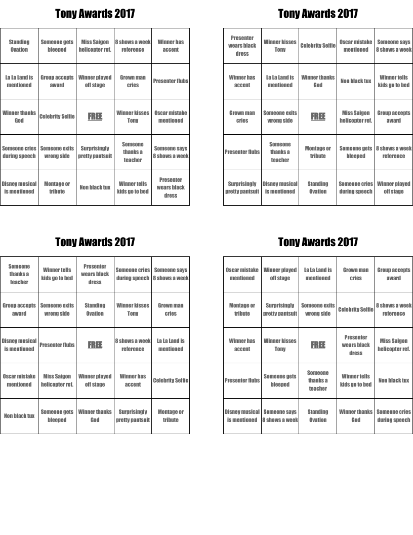 Tony Awards 2017 Bingo Cards