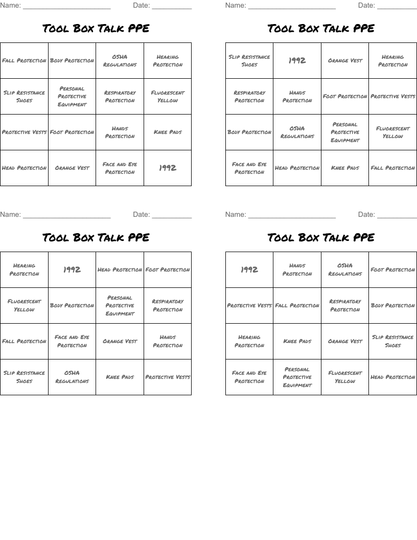 Tool Box Talk PPE Bingo Cards