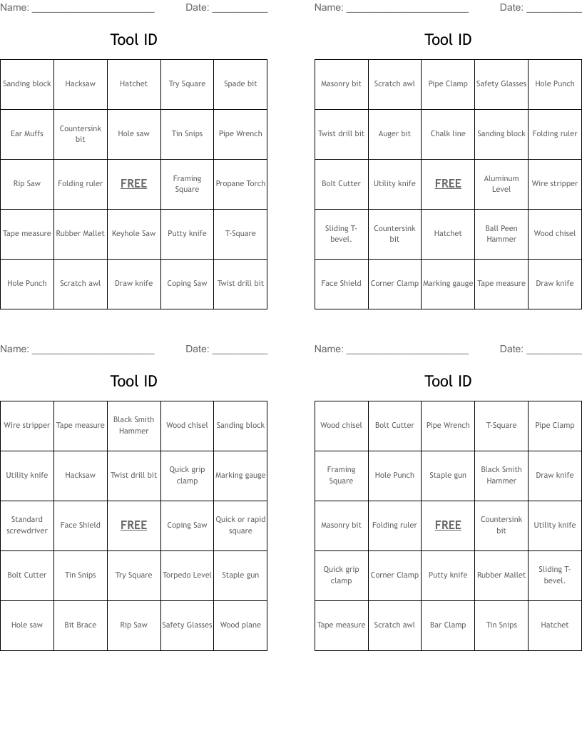 Tool ID Bingo Cards