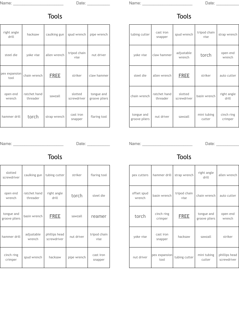 Tools Bingo Cards