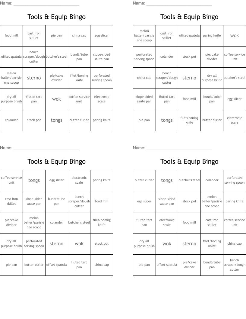 Tools & Equip  Bingo
