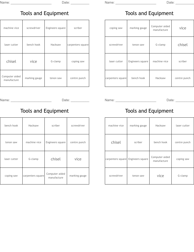 Tools and Equipment  Bingo Cards