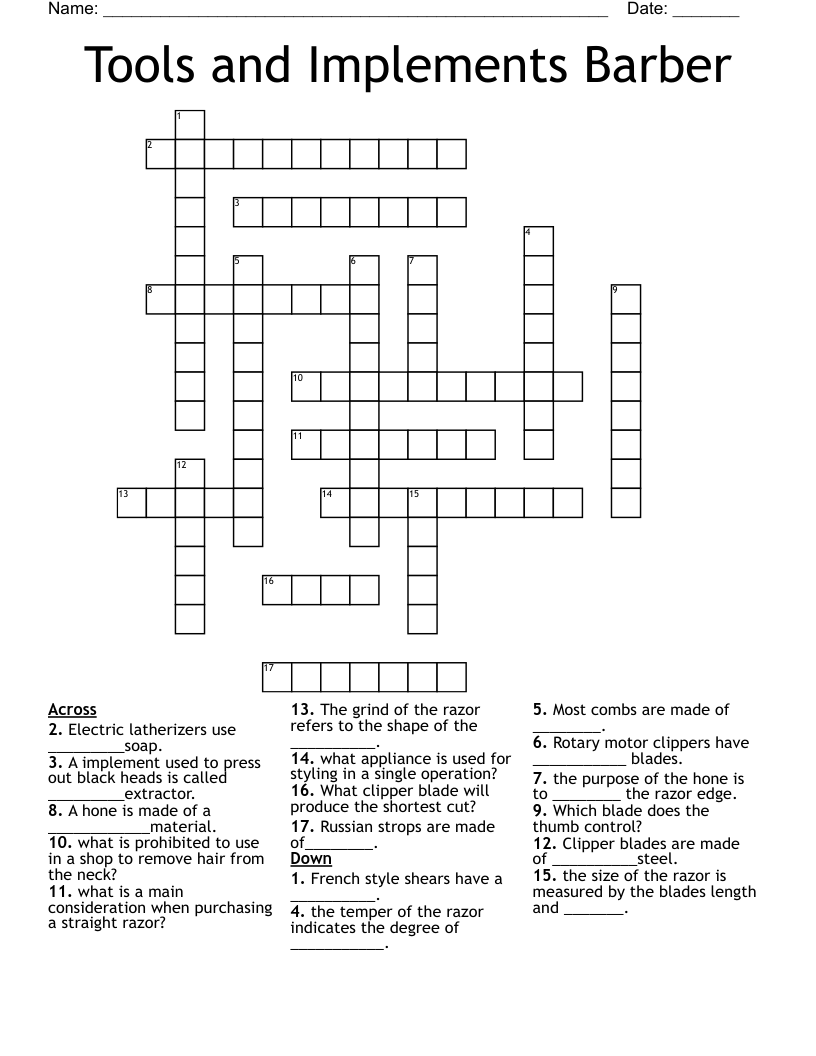 Tools and Implements Barber Crossword