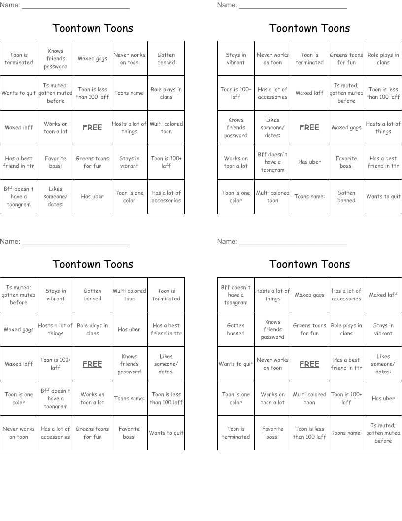 Toontown Toons Bingo Cards