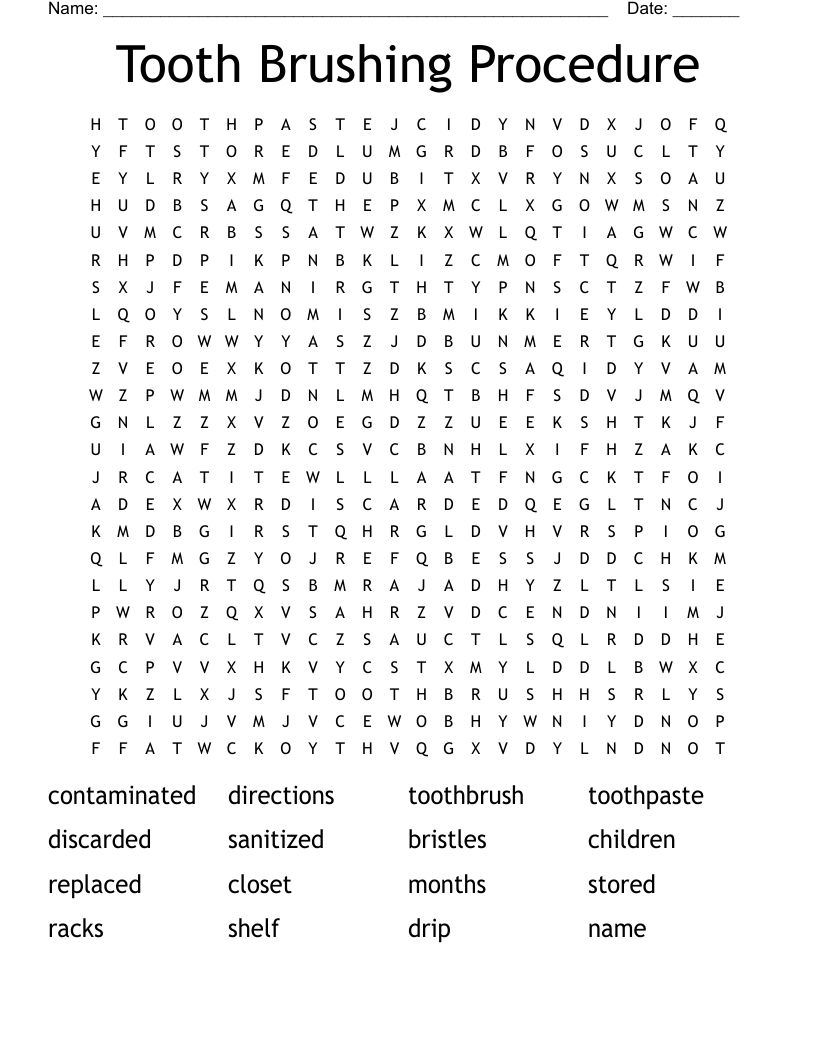 Tooth Brushing Procedure Word Search