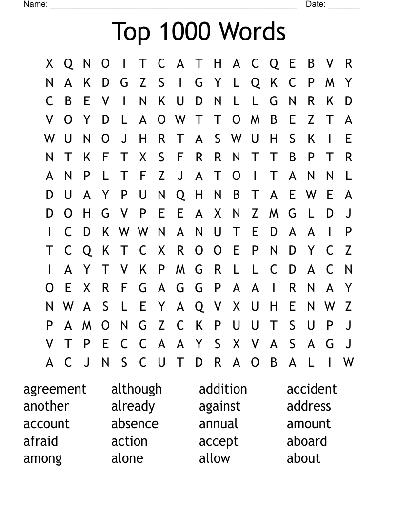 Top 1000 Words Word Search