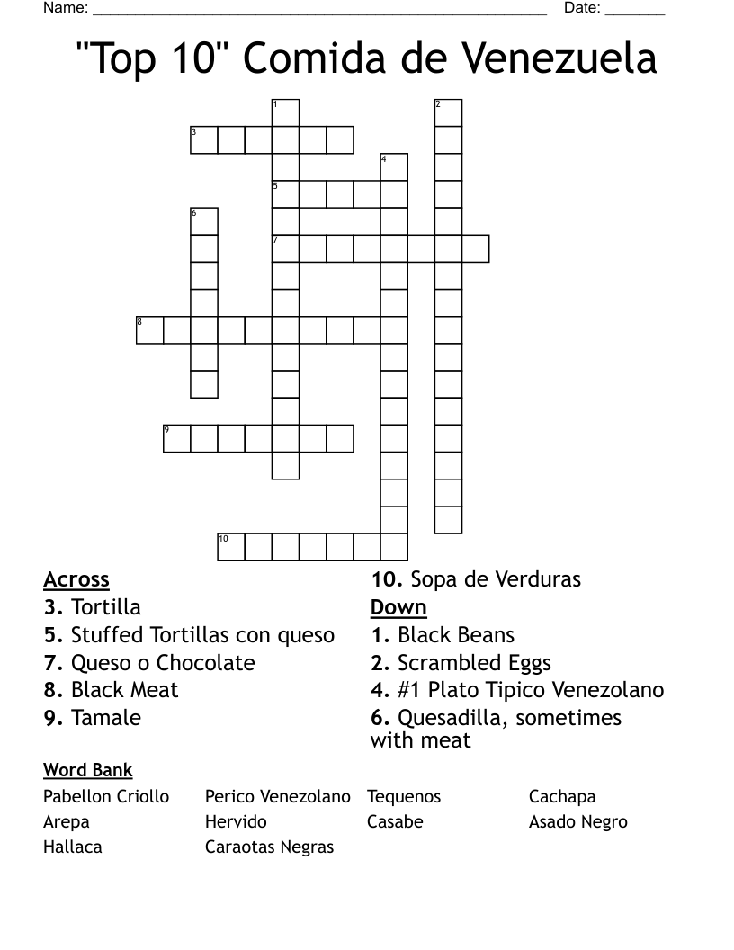 "Top 10" Comida de Venezuela Crossword
