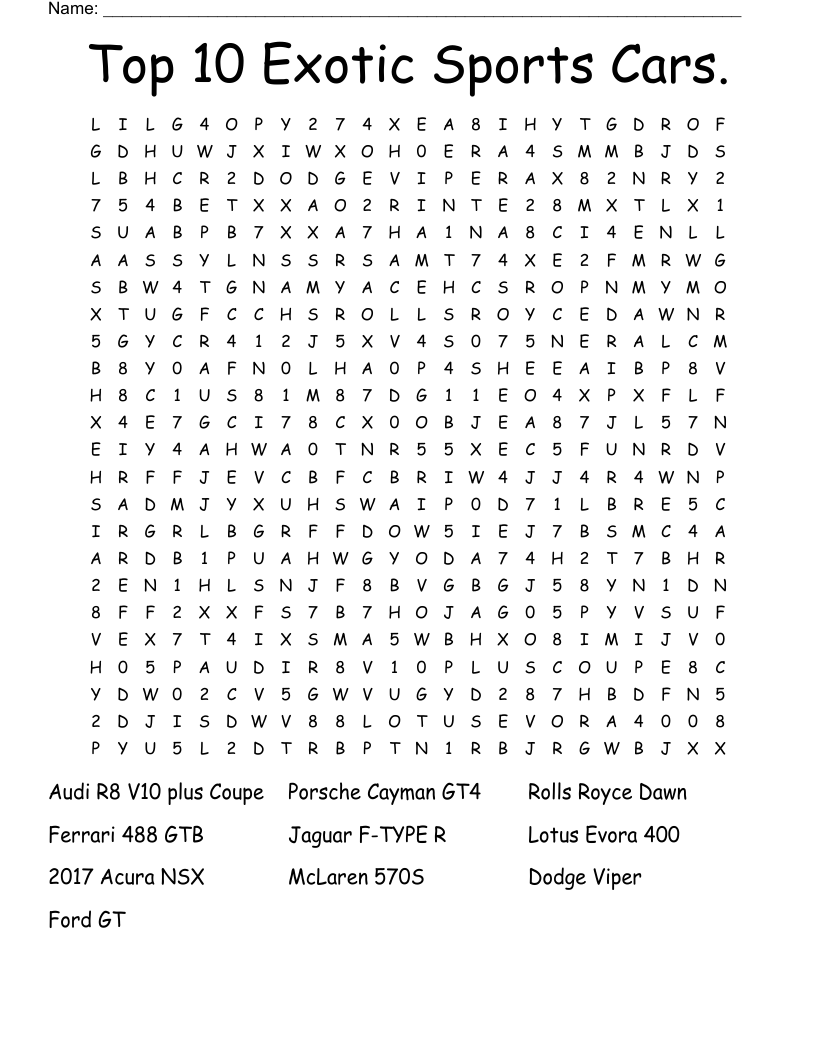 Top 10 Exotic Sports Cars. Word Search