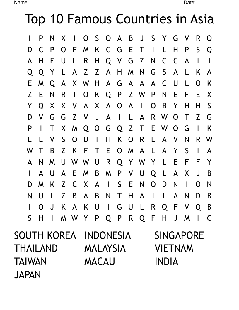 Top 10 Famous Countries in Asia Word Search