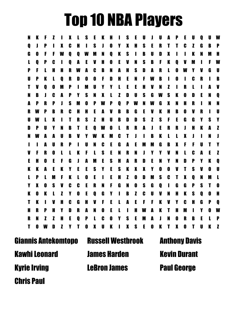 Top 10 NBA Players Word Search