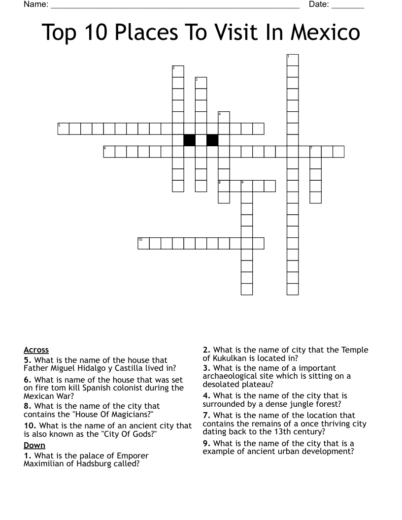 Top 10 Places To Visit In Mexico Crossword