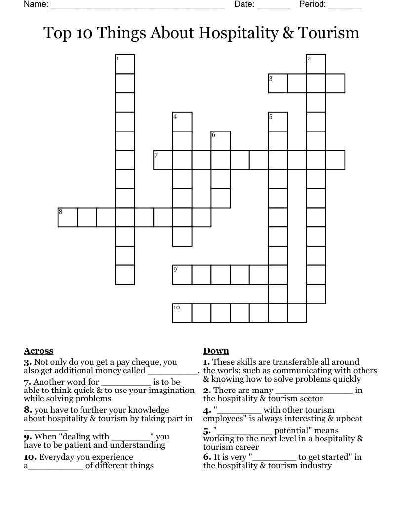 Top 10 Things About Hospitality & Tourism  Crossword