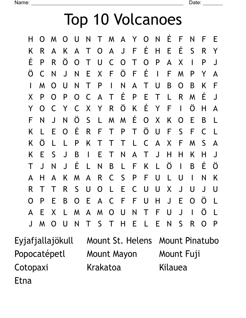 Top 10 Volcanoes Word Search
