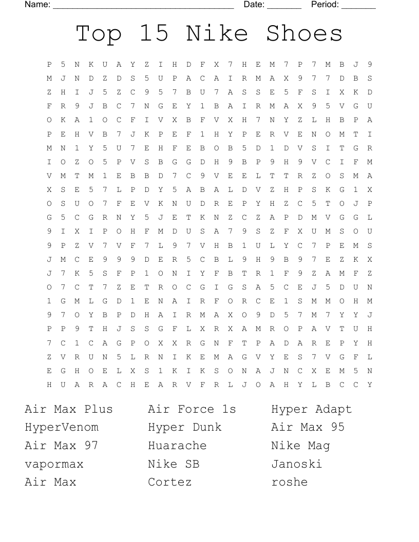 Top 15 Nike Shoes Word Search