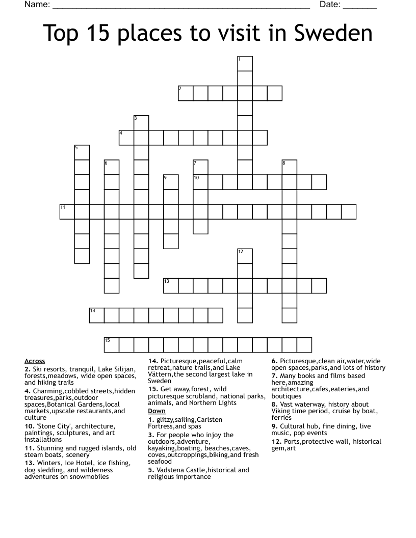 Top 15 places to visit in Sweden Crossword
