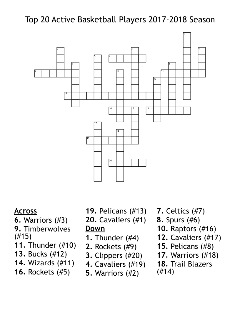 Top 20 Active Basketball Players 2017-2018 Season Crossword