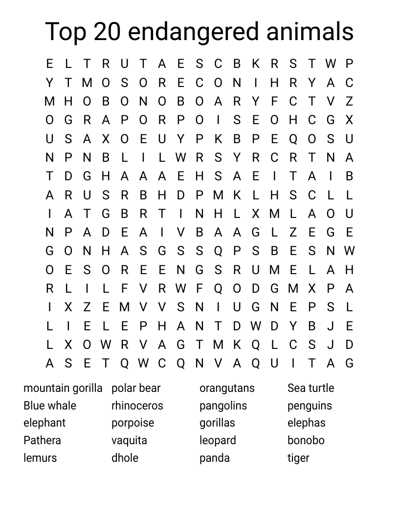 Top 20 endangered animals Word Search