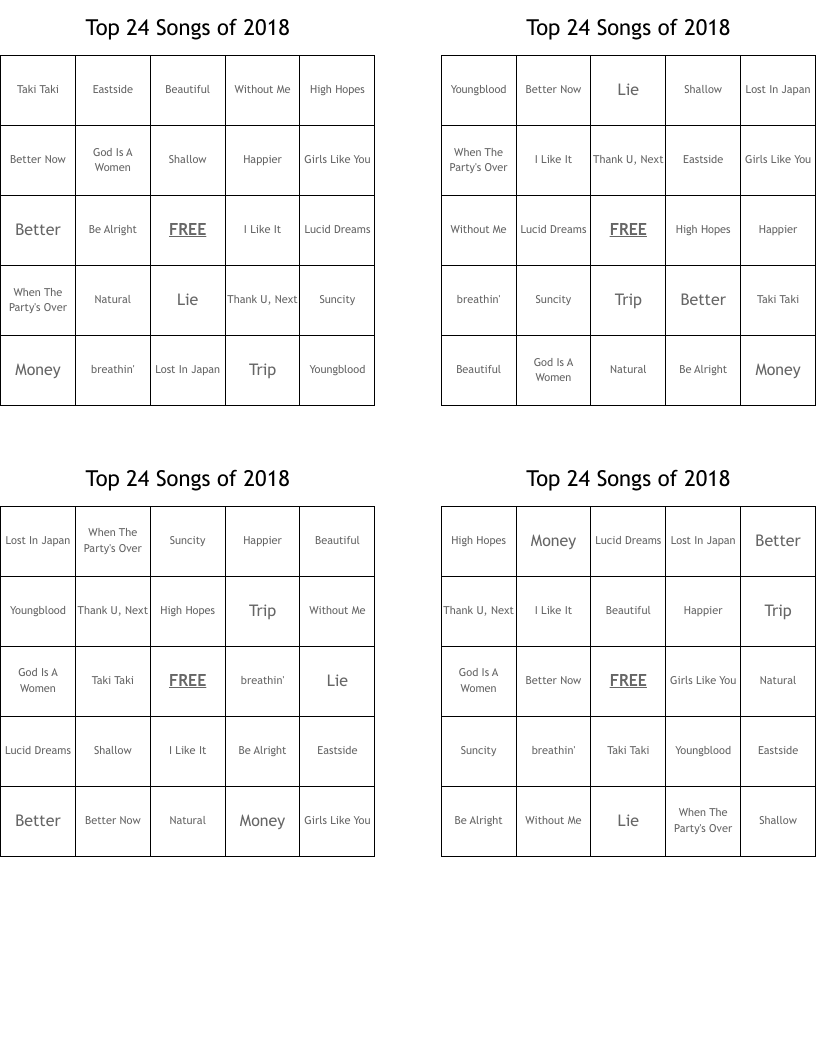 Top 24 Songs of 2018 Bingo Cards