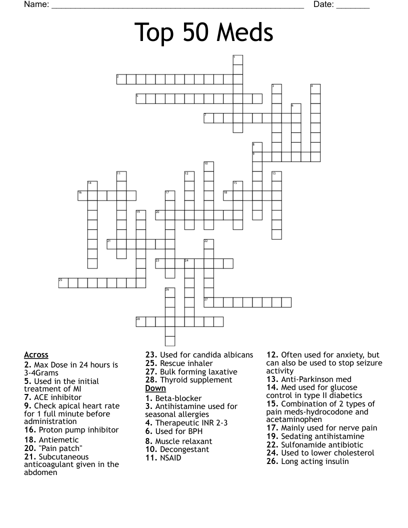 Top 50 Meds Crossword