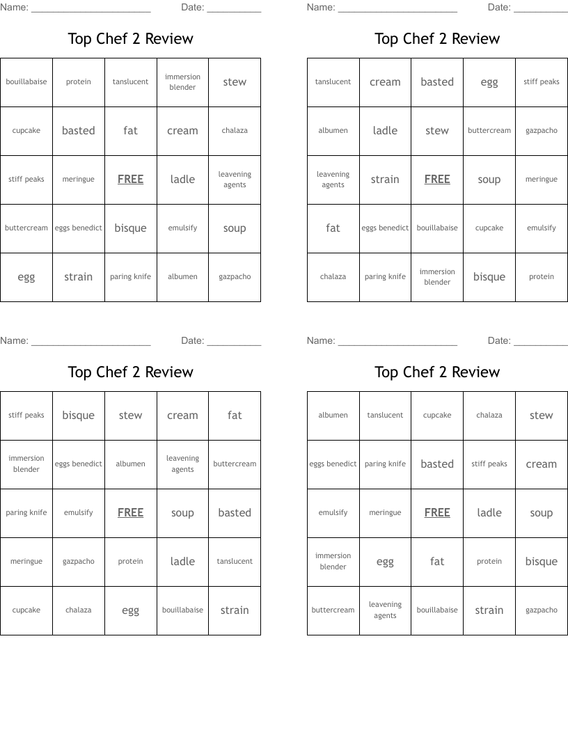 Top Chef 2 Review Bingo Cards