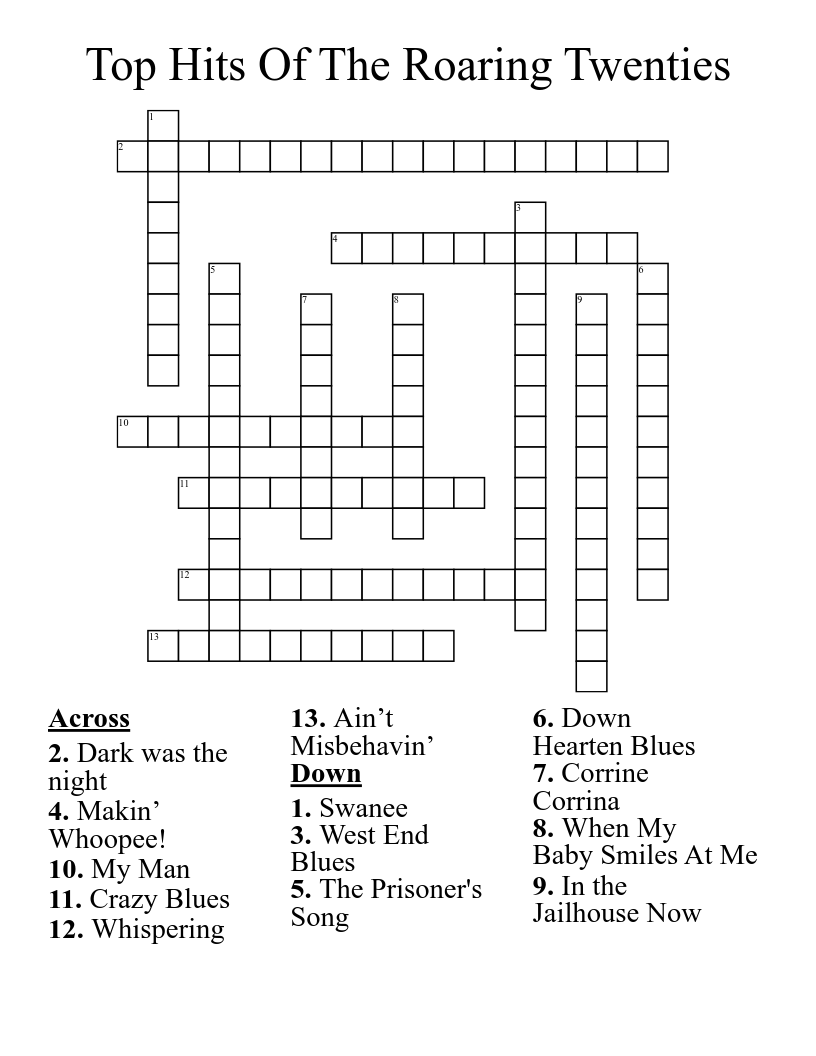 Top Hits Of The Roaring Twenties Crossword