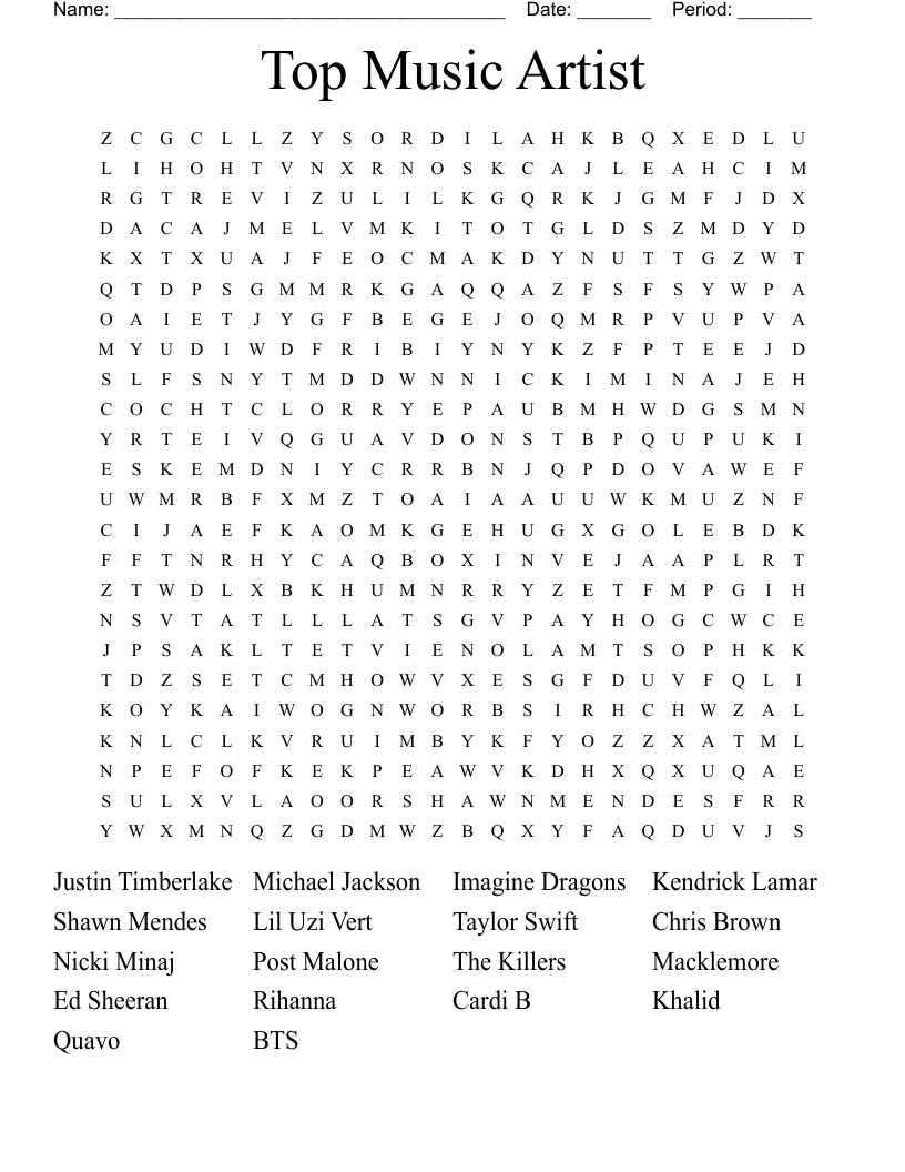 Top Music Artist Word Search