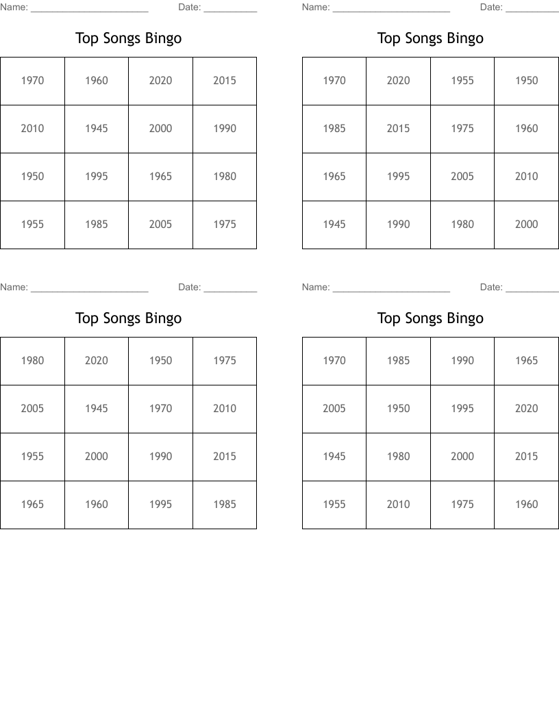 Top Songs Bingo