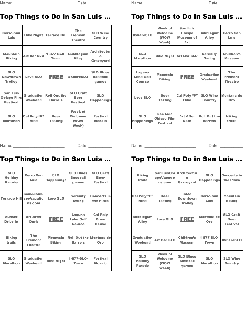 Top Things to Do in San Luis Obispo Bingo Cards