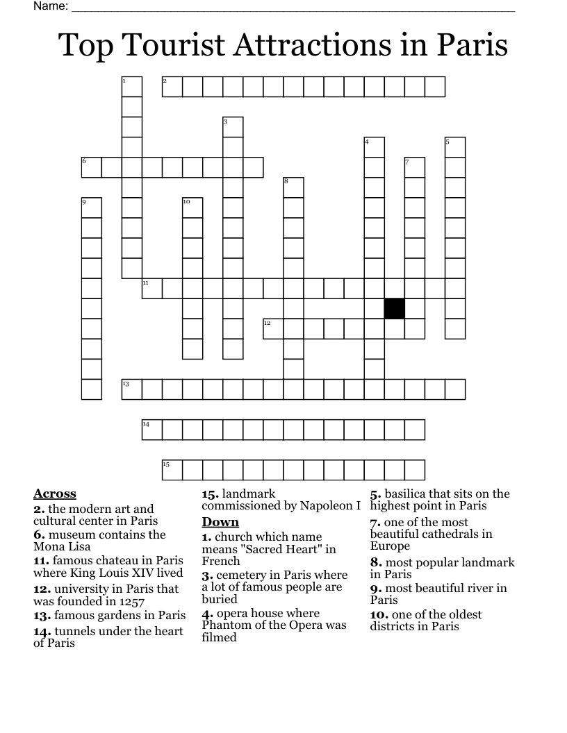 Top Tourist Attractions in Paris Crossword