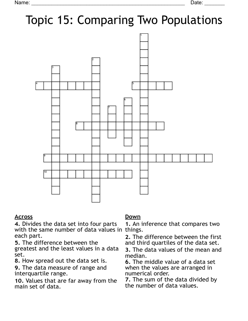 Topic 15: Comparing Two Populations Crossword