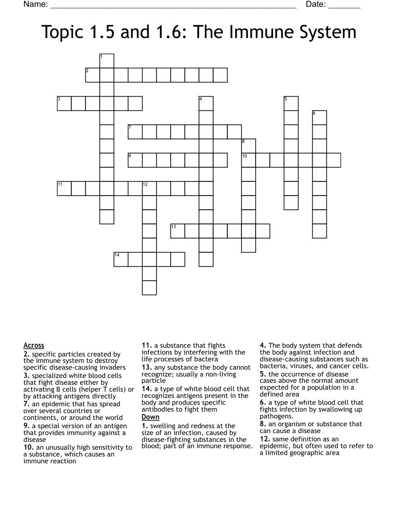 Topic 1.5 and 1.6: The Immune System Crossword