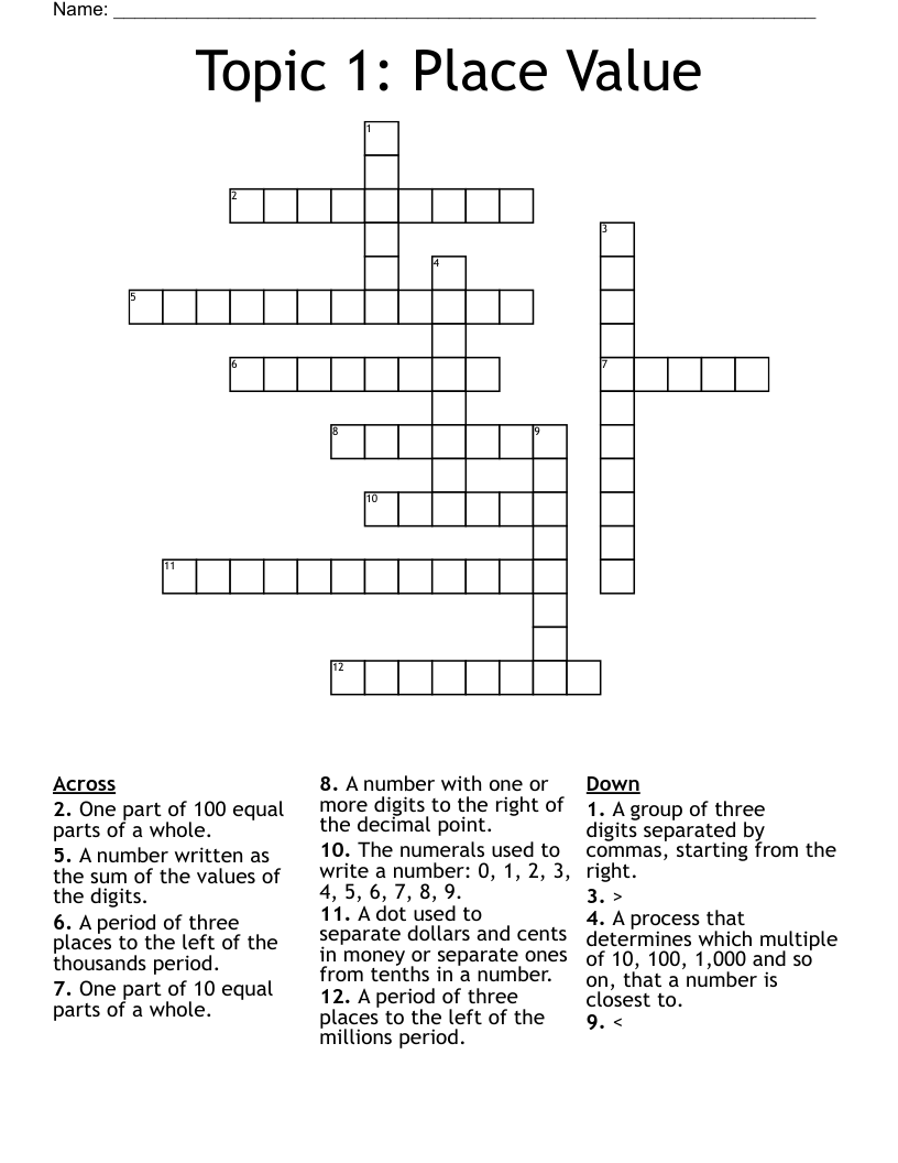 Topic 1: Place Value Crossword