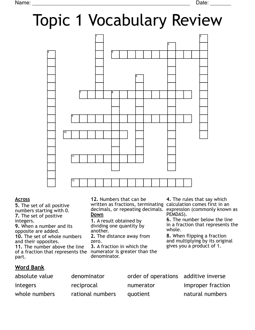 Topic 1 Vocabulary Review Crossword