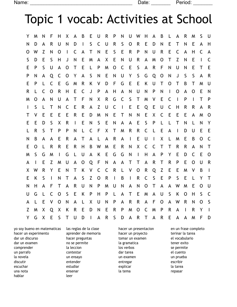 Topic 1 vocab: Activities at School Word Search