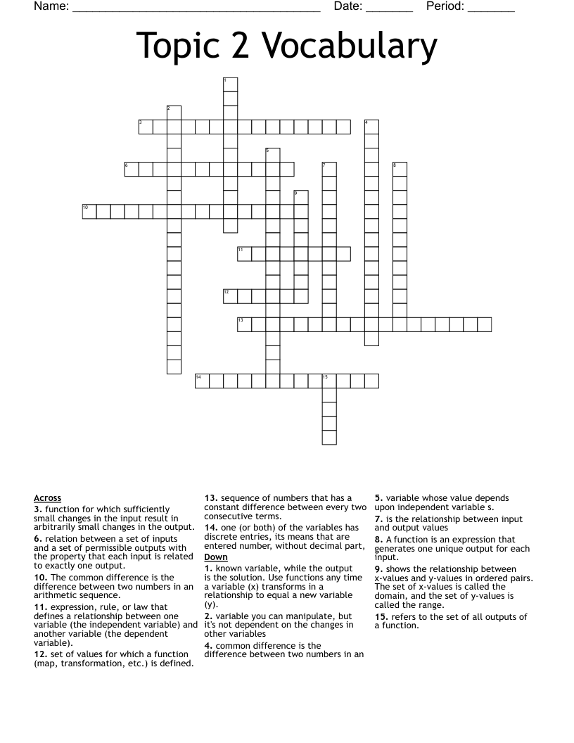 Topic 2 Vocabulary Crossword