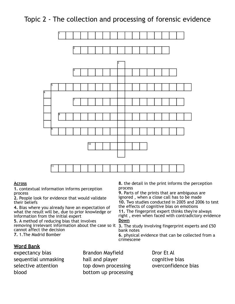 Topic 2 - The collection and processing of forensic evidence Crossword