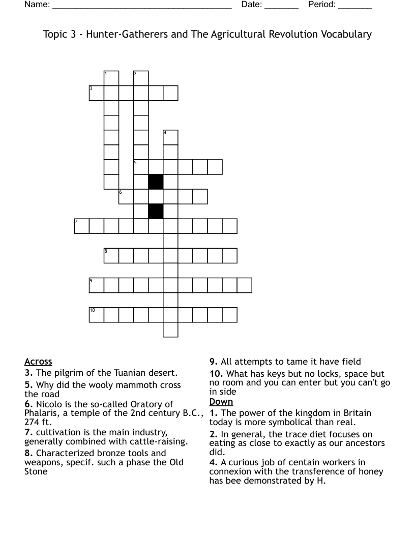 Topic 3 - Hunter-Gatherers and The Agricultural Revolution Vocabulary Crossword