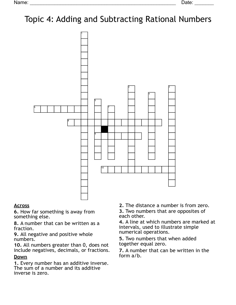 Topic 4: Adding and Subtracting Rational Numbers Crossword