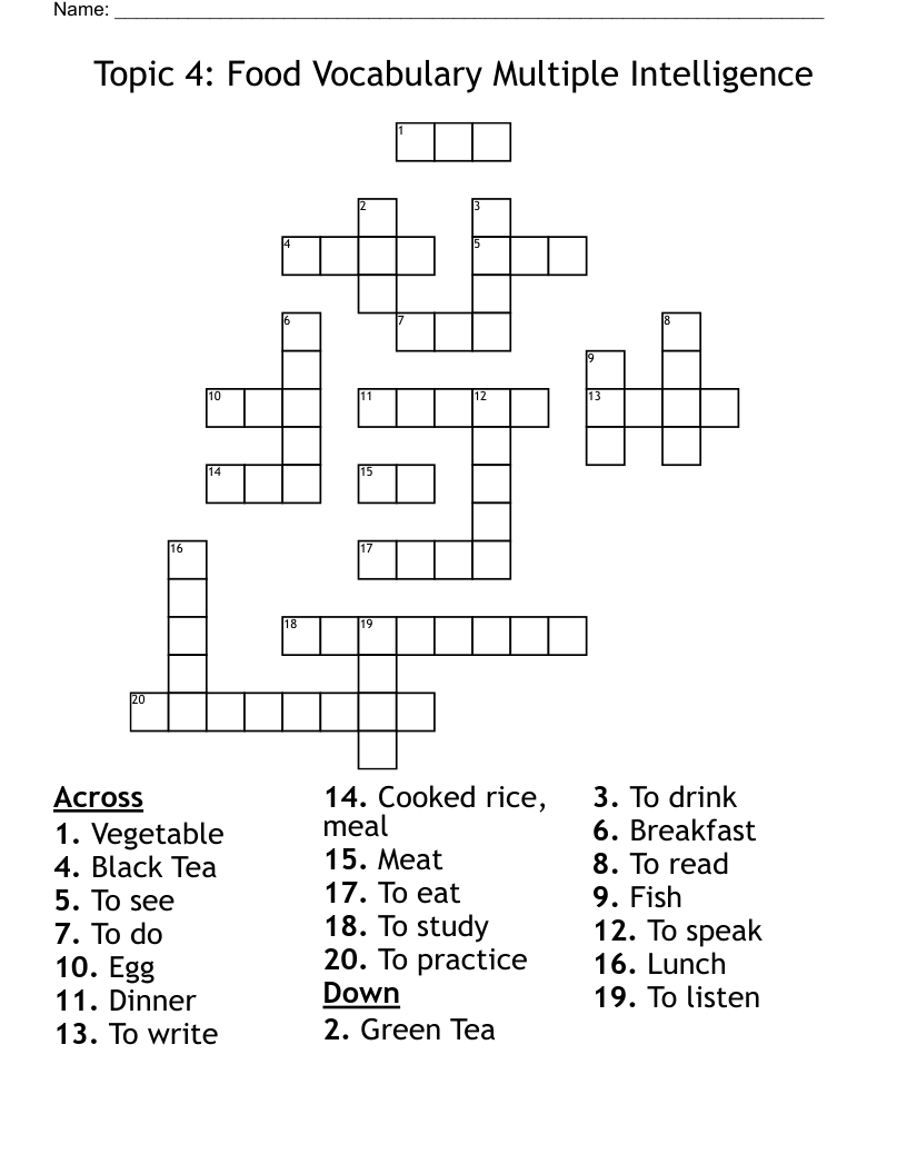 Topic 4: Food Vocabulary Multiple Intelligence Crossword