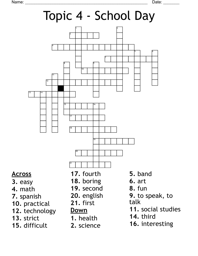 Topic 4 - School Day Crossword