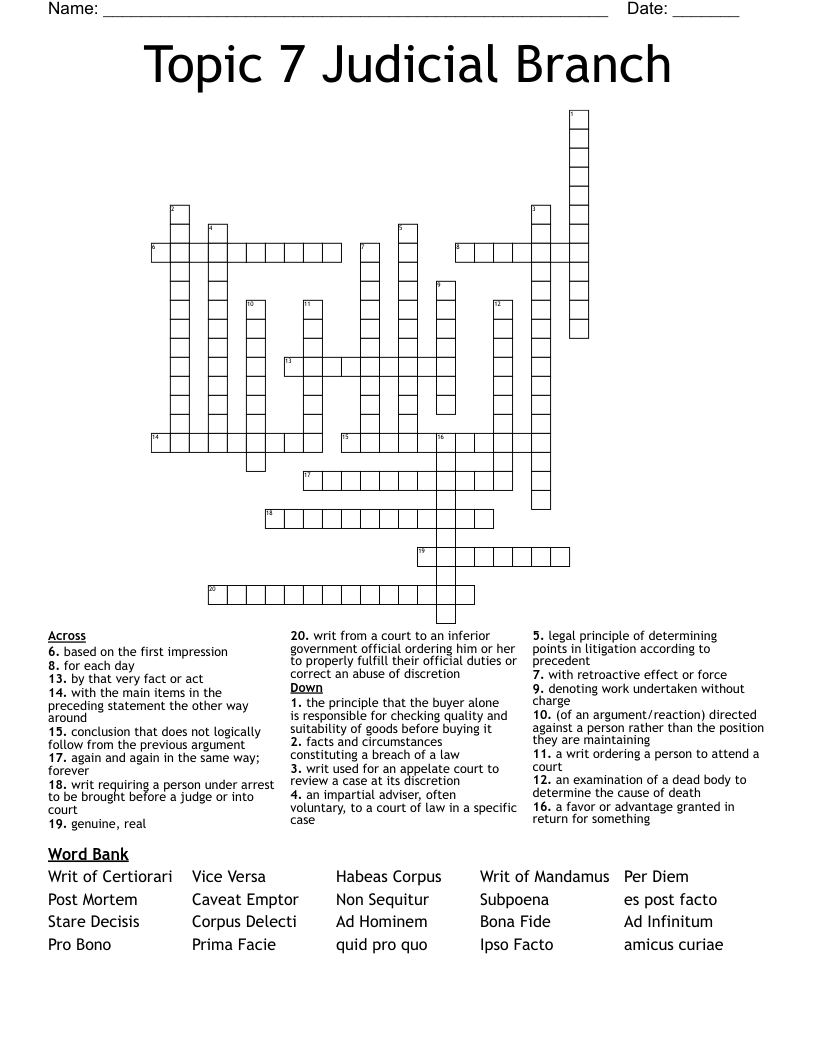 Topic 7 Judicial Branch  Crossword