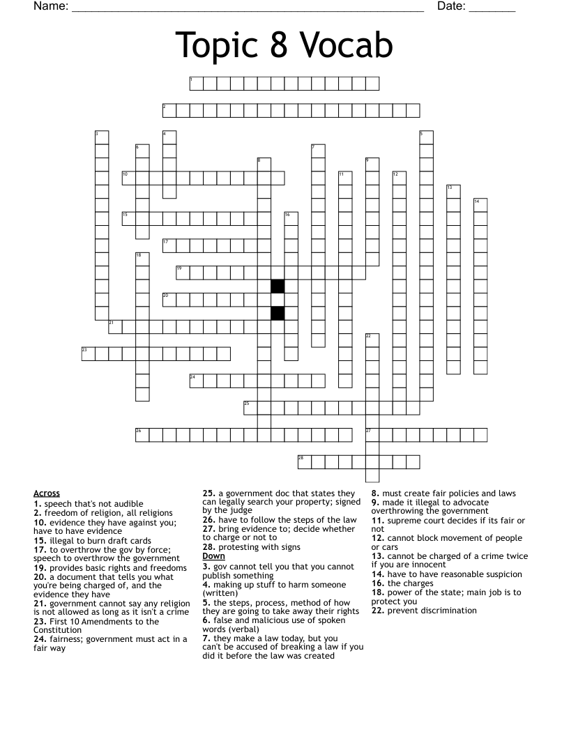 Topic 8 Vocab Crossword
