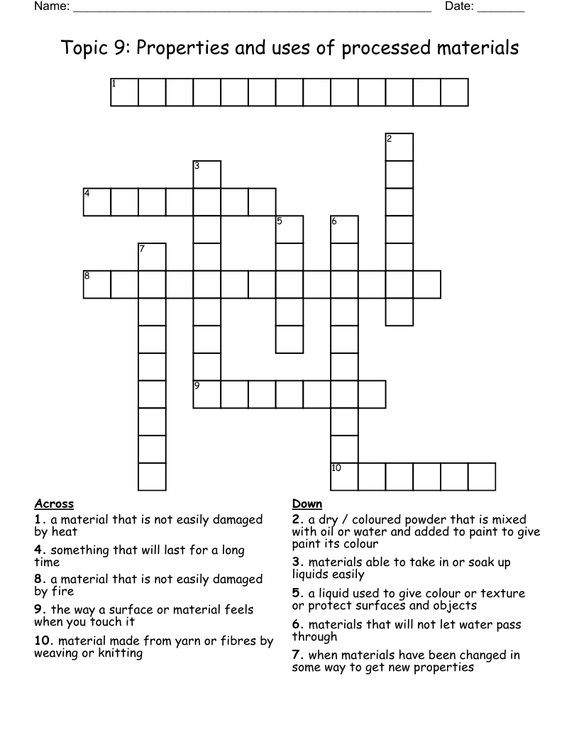 Topic 9: Properties and uses of processed materials Crossword