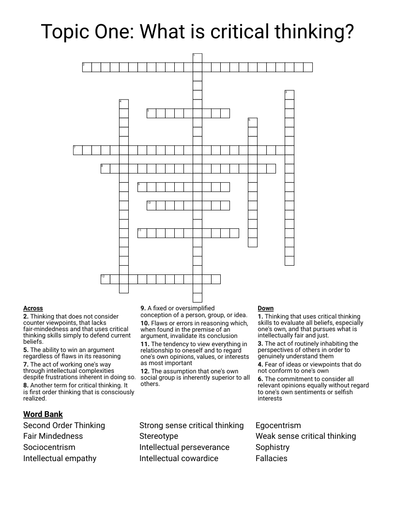 Topic One: What is critical thinking? Crossword