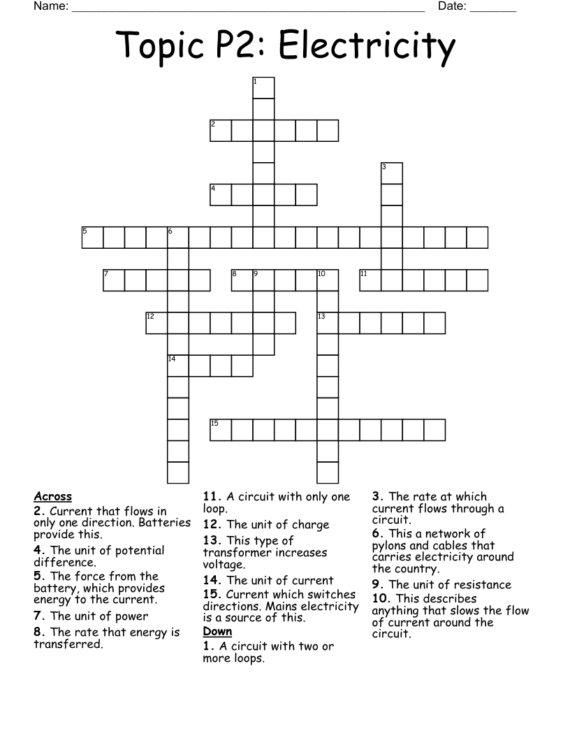 Topic P2: Electricity Crossword