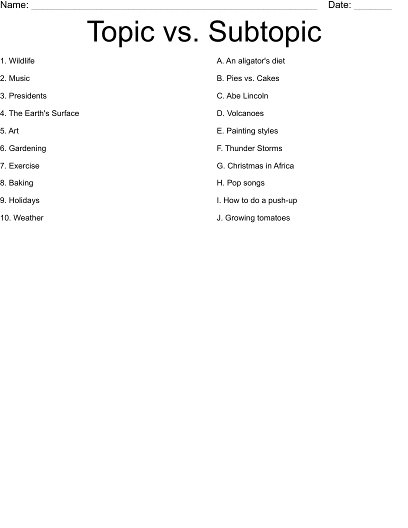 Topic vs. Subtopic  Worksheet