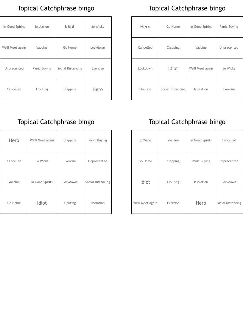 Topical Catchphrase bingo
