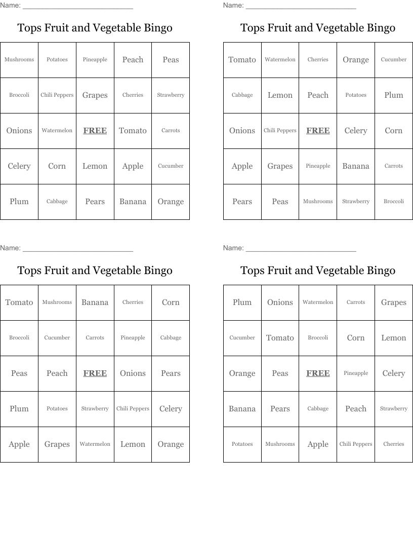 Tops Fruit and Vegetable Bingo